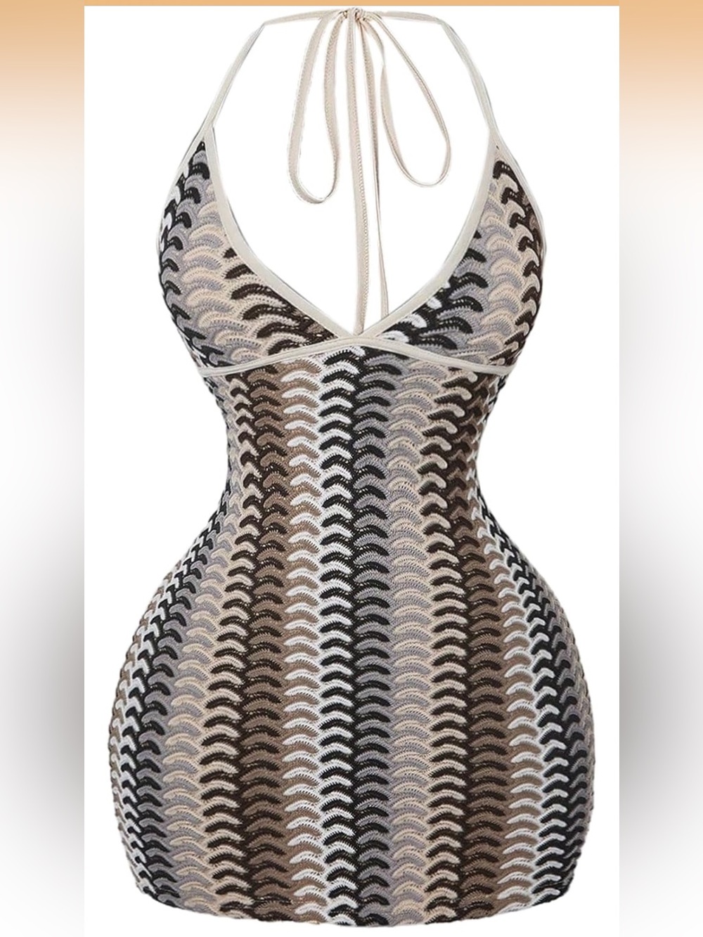 Crochet Halter Bodycon Dress in Neutral Stripes